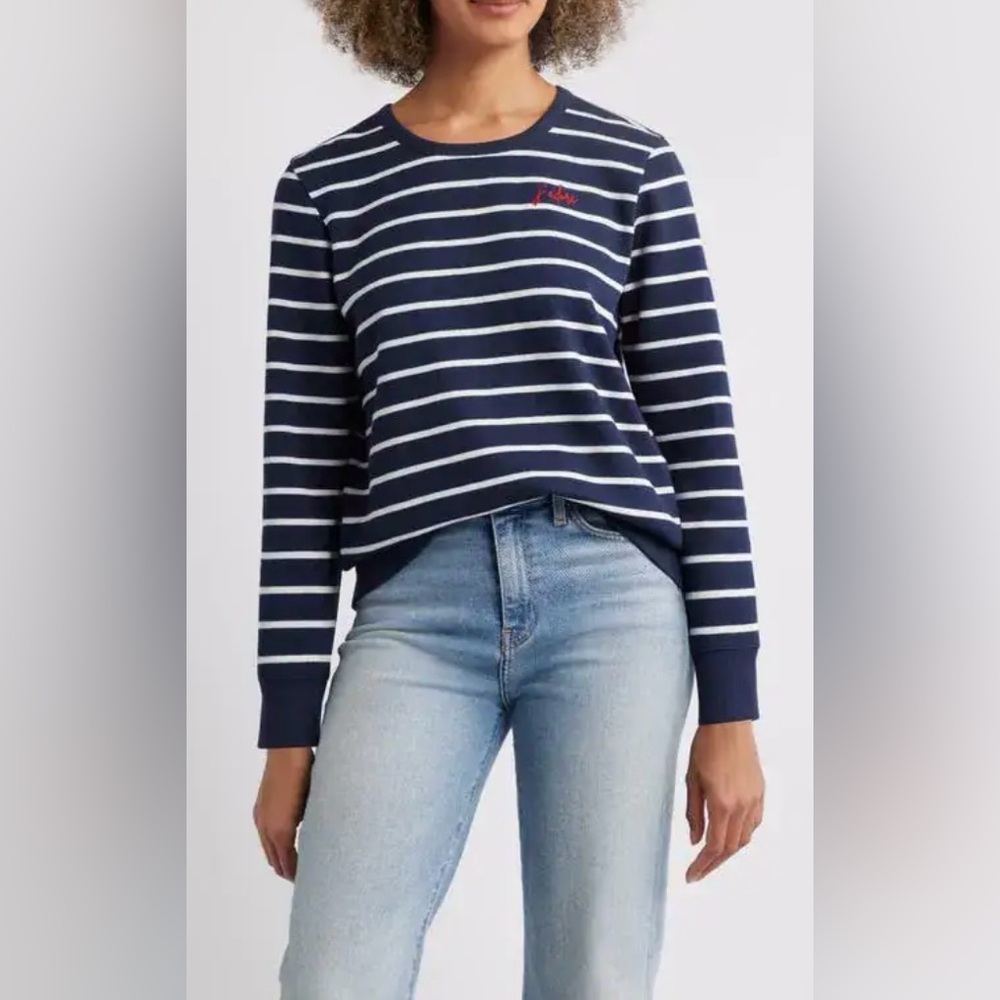 Caslon Stripe Cotton Graphic Sweatshirt in Navy-White Stripe